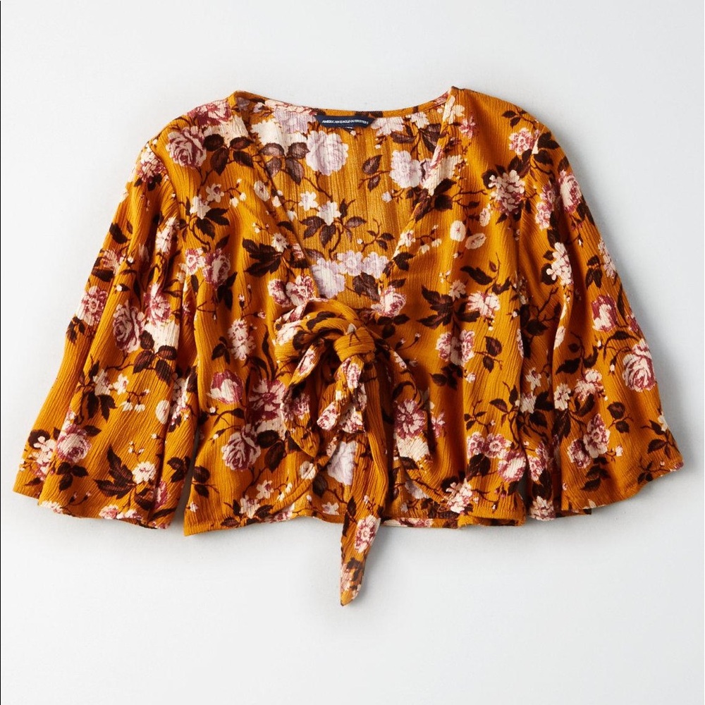 AE Boho Orange Floral Tie Front Crop Top Size L - Picture 2 of 13